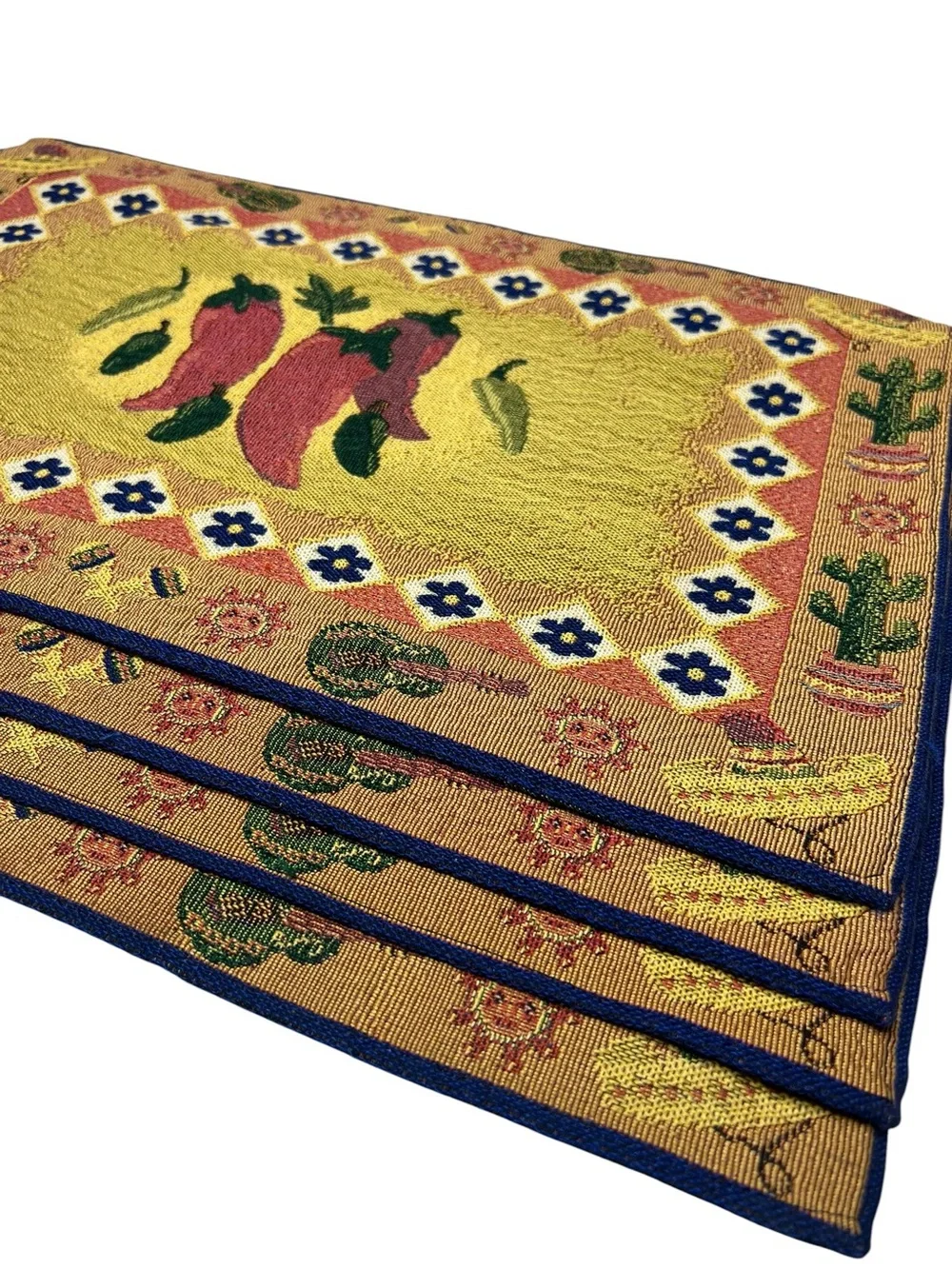 Vintage Set of 4 Woven Tapestry Placemats Southwestern Chili Cactus Boho Kitchen